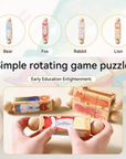 A children's wooden rotating puzzle toy shown in a clean promotional layout. The top row shows four animal figures labeled Bear, Fox, Rabbit, and Lion.