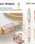 Educational wooden toy set showing four animal-shaped blocks with colorful printed panels, alongside labeled views of front, side, back, and side on wooden peg figures. Text reads 'Four shapes' and '360° rotation' with marketing claims about learning and hand-eye coordination.