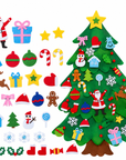 Felt Christmas tree decoration set with a green felt Christmas tree, Santa Claus figures, ornaments, candy canes, snowflakes, stars, gifts, houses, snowmen, reindeer, and other holiday shapes on a white background.