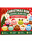 Christmas Bun Squishy Blind Box packaging featuring a red and white box with illustrations of cute, collectible Christmas buns in Santa hats, reindeer antlers, and holiday sweaters.