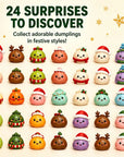 A festive product display showing 24 cute, round, chibi-style holiday treats or macarons arranged in a grid. Each character has a different holiday theme, including Santa Claus, reindeer, Christmas tree, snowman, pumpkin, and Christmas pudding, in various colors like pink, green, orange, purple, brown, and yellow.