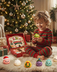 A child in red and green striped pajamas sits on a white rug in a cozy living room, surrounded by a Christmas tree and presents, holding a green Christmas-themed dough toy. Several colorful dough toys are lined up in front of them.
