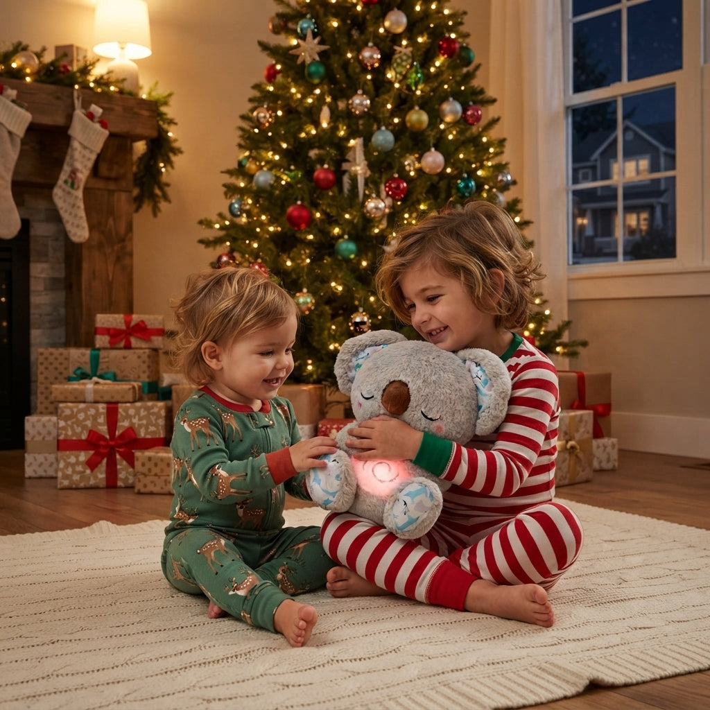 Two children in festive Christmas pajamas sit on a white rug in a cozy living room, hugging a glowing plush koala toy. A decorated Christmas tree, fireplace, stockings, and wrapped gifts are visible in the background.