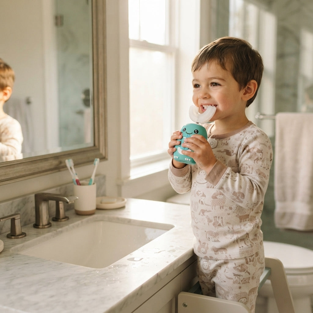 A toddler wearing animal-print pajamas stands at a bathroom counter holding a turquoise toothbrush holder with a toothbrush, with a mirror, sink, and window in the background.