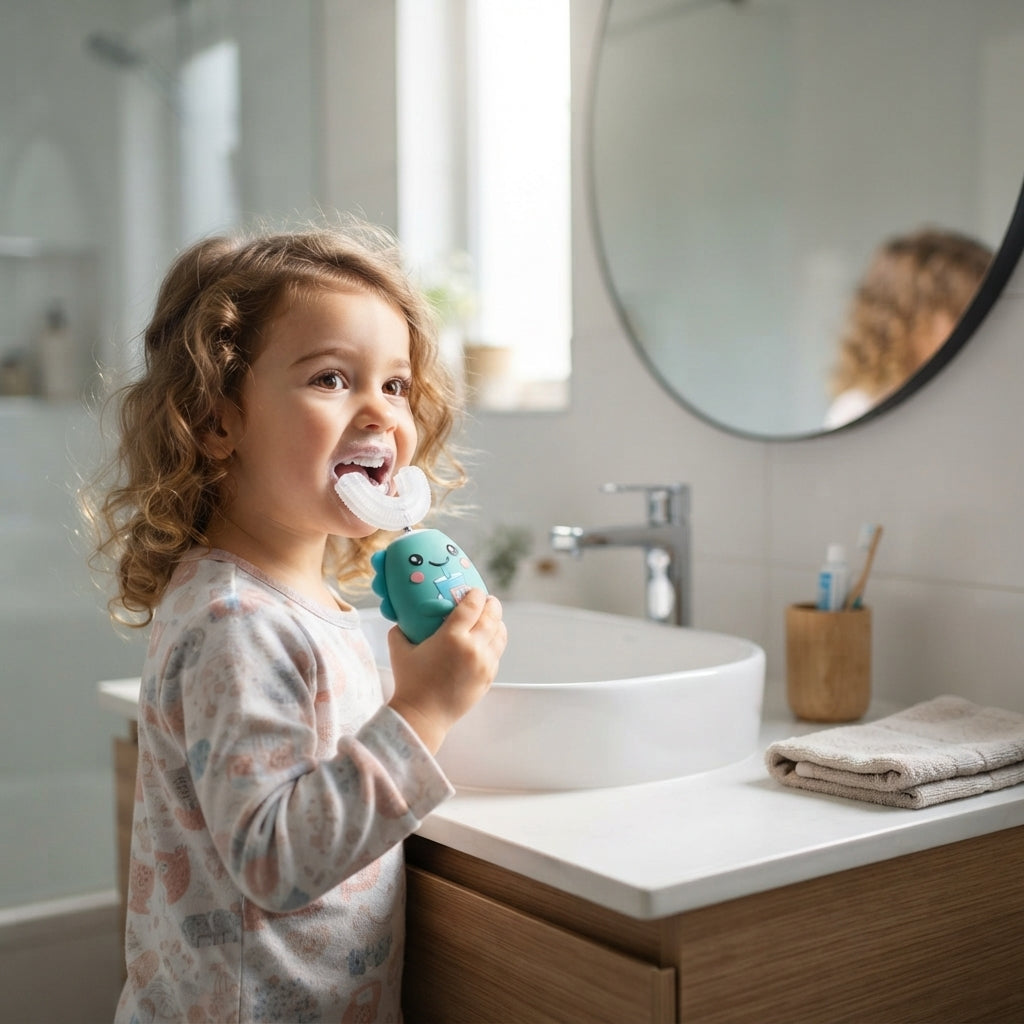 A young child with curly hair stands at a bathroom sink, smiling while brushing their teeth with a turquoise toothbrush holder in one hand. The scene includes a white sink, wooden cabinet, folded towel, and a round mirror.