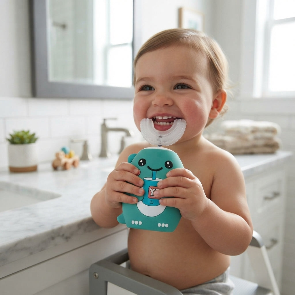A smiling baby sitting in a bathroom high chair holds a teal cartoon-shaped silicone pacifier clip with a white bib or diaper cover attached. The background shows a bright, modern bathroom with white tiles, a marble countertop, and a sink.