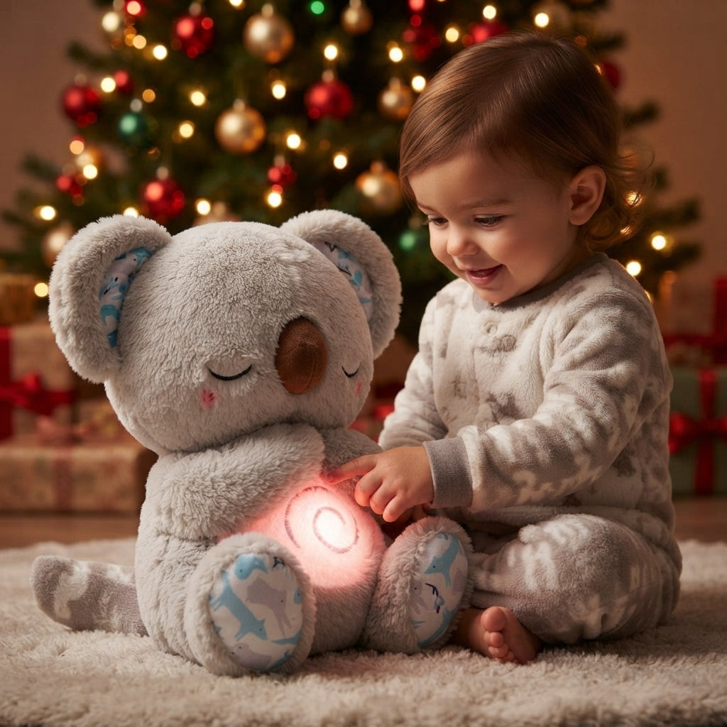 A toddler in light gray patterned pajamas sits on a rug next to a plush gray koala toy with a glowing pink belly, with a decorated Christmas tree in the background.