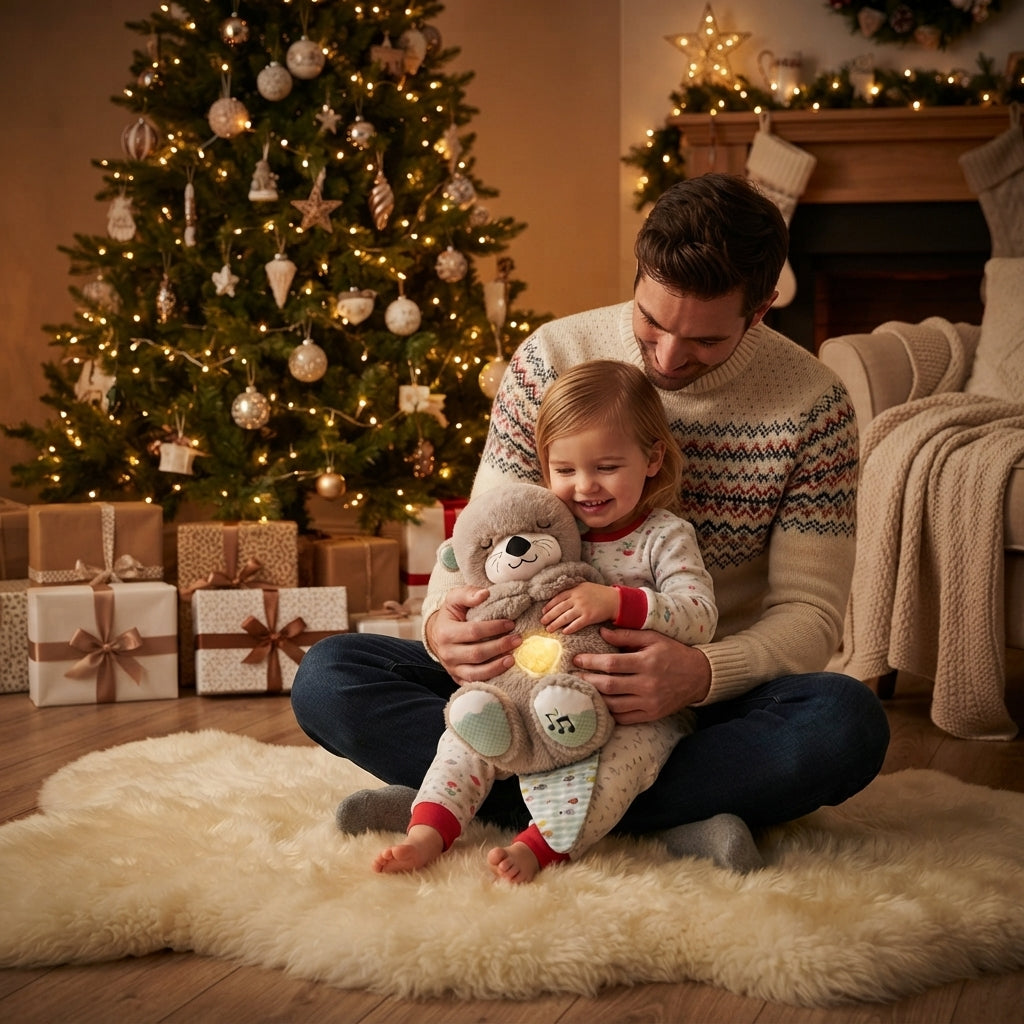 A father and child sitting together on a fluffy cream rug in a cozy living room, surrounded by a decorated Christmas tree, wrapped gifts, and a fireplace. The child is holding a plush teddy bear with a glowing yellow light.