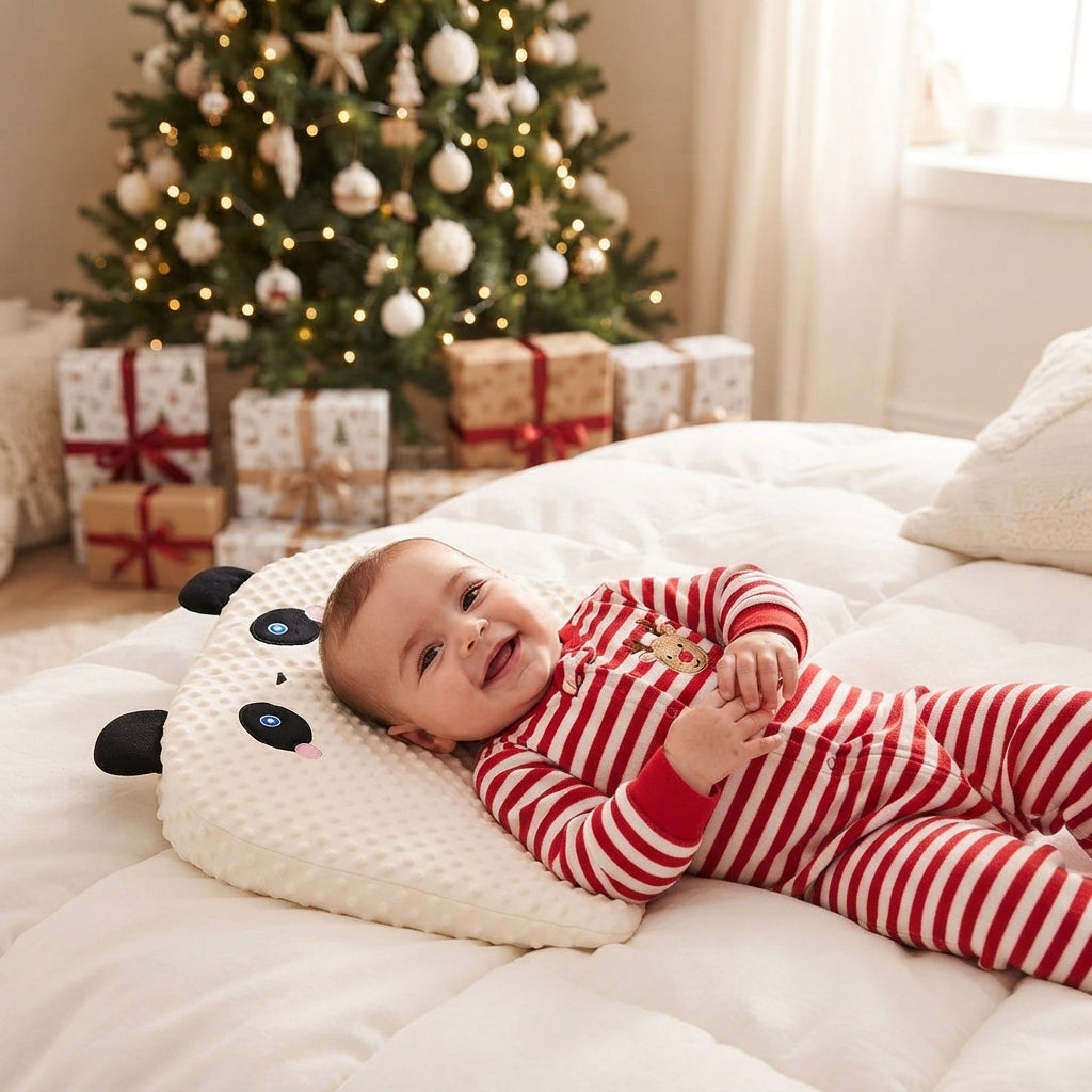 A baby wearing red and white striped Christmas pajamas lies on a white quilted bed next to a panda-shaped pillow, with a decorated Christmas tree and wrapped gifts in the background.