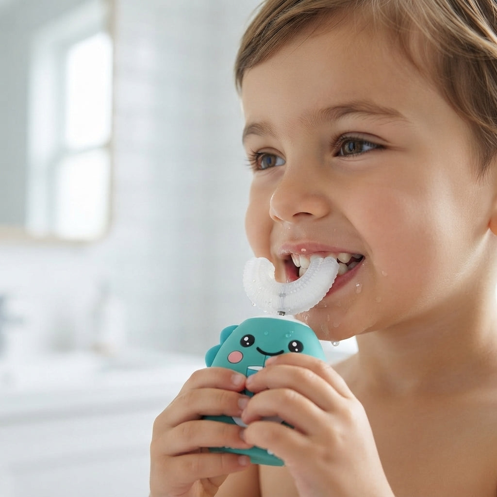 A young child smiling while using a turquoise and white oral irrigator with a cartoon face in a bright bathroom setting.