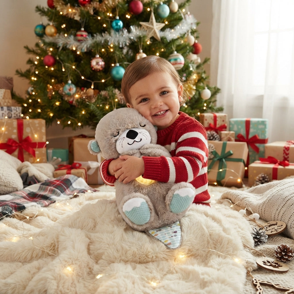 A smiling young child in a red and white striped sweater hugs a gray plush teddy bear with light blue accents, sitting on a fluffy cream blanket in front of a decorated Christmas tree with wrapped presents.