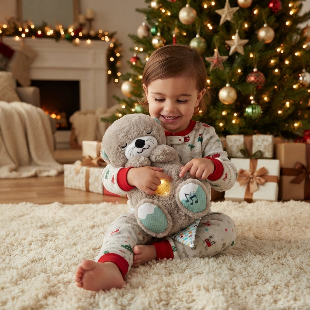 A young child wearing festive holiday pajamas sits on a fluffy cream rug, holding a plush teddy bear with glowing light patches. The background features a beautifully decorated Christmas tree with warm lights, wrapped gifts, and a cozy fireplace.