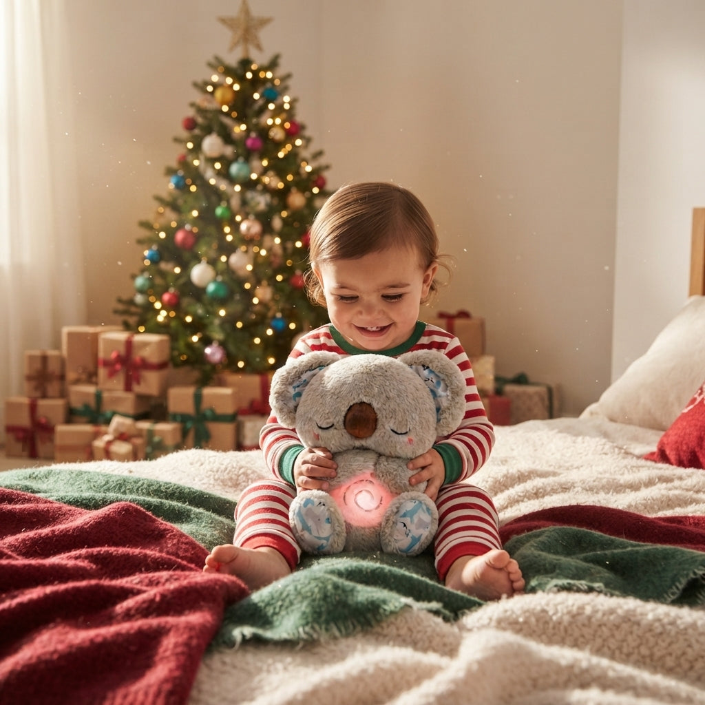 A toddler in red and white striped pajamas sits on a bed holding a gray koala plush toy with a glowing pink belly light, with a decorated Christmas tree and wrapped gifts in the background.