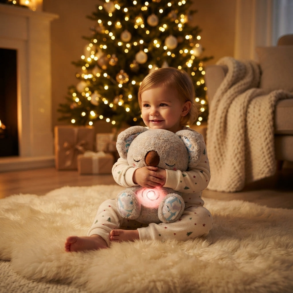 A baby sitting on a fluffy cream rug in a cozy living room, hugging a plush koala toy that glows with a warm pink light. The baby is wearing light-colored pajamas with small dark star patterns.
