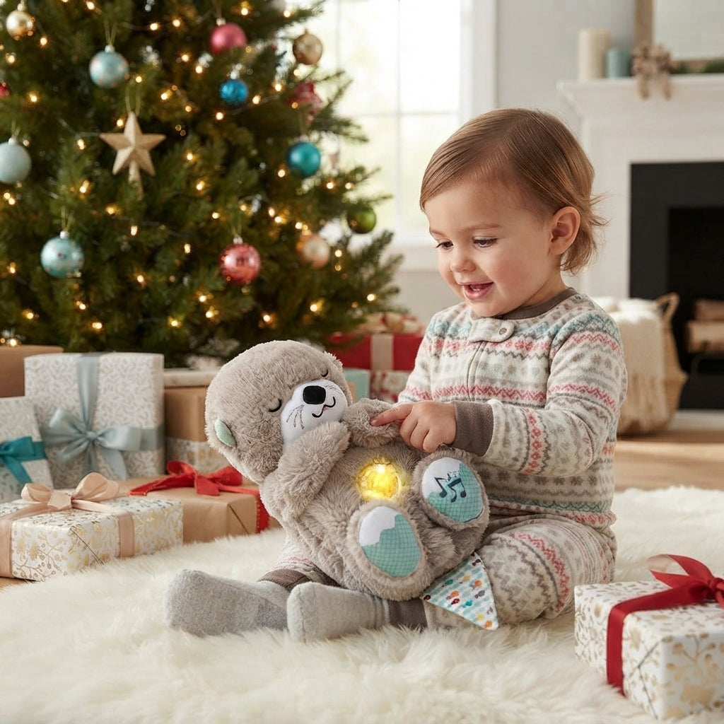 A toddler in patterned holiday pajamas sits on a white rug in a living room, holding and playing with a plush gray bear toy that has embroidered patches and a glowing light. A decorated Christmas tree, wrapped gifts, and a fireplace are visible in the background.