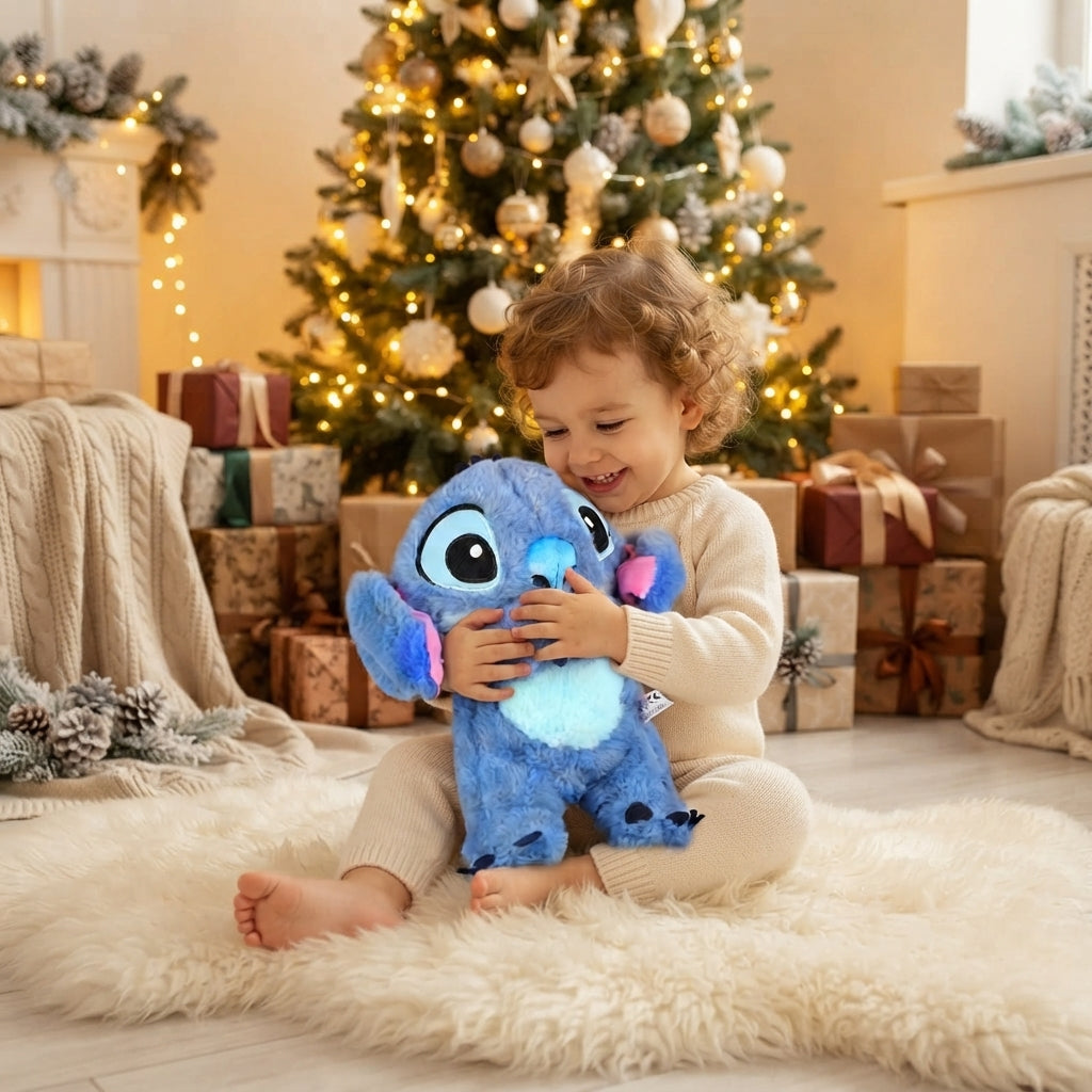 A toddler in cream pajamas sits on a white fluffy rug in a cozy living room, hugging a blue Stitch plush toy in front of a decorated Christmas tree and wrapped gifts.