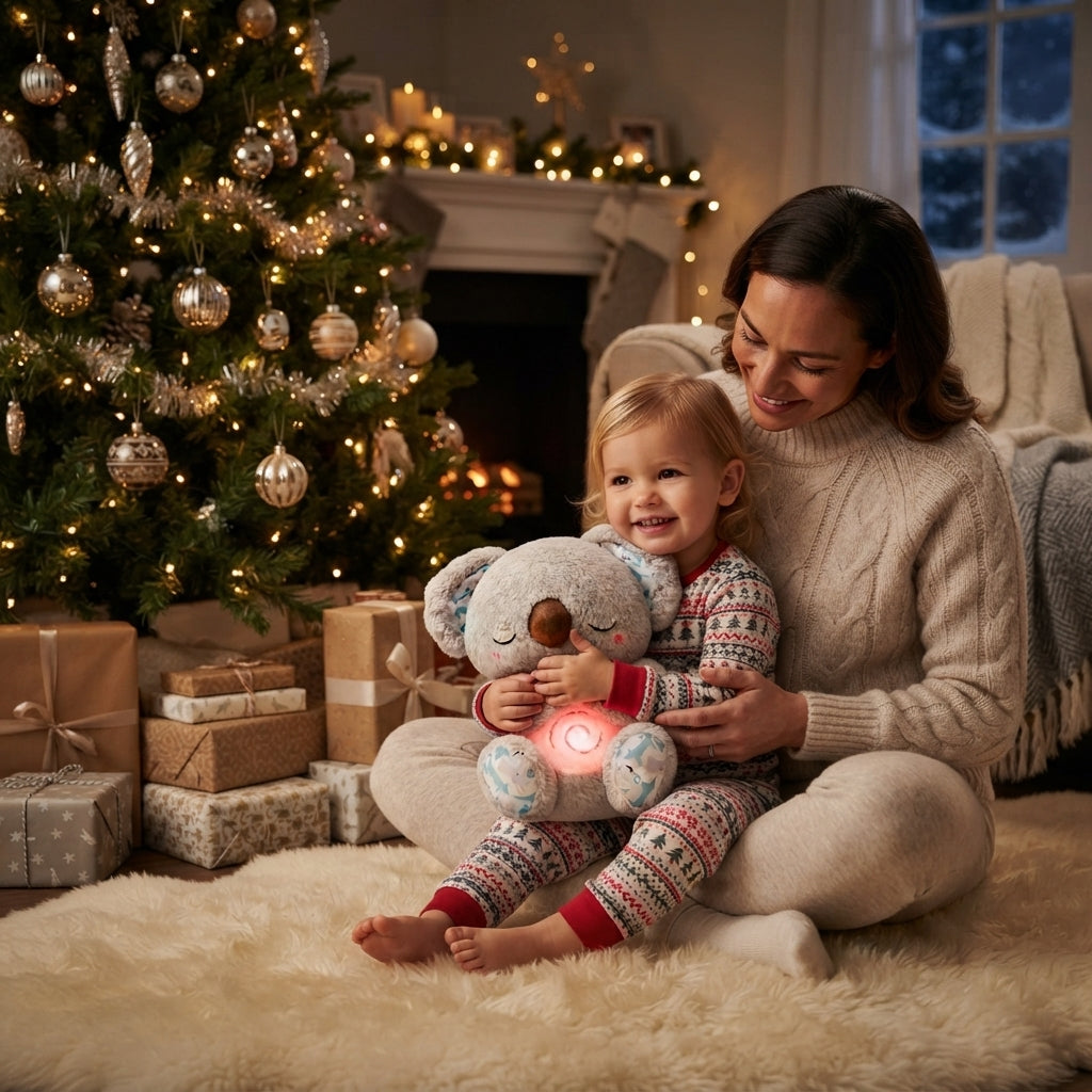 A woman and a young child sit on a fluffy cream rug in a cozy living room, hugging a gray plush koala toy that glows with a warm pink light. The background features a decorated Christmas tree, wrapped gifts, and a fireplace with warm lights.