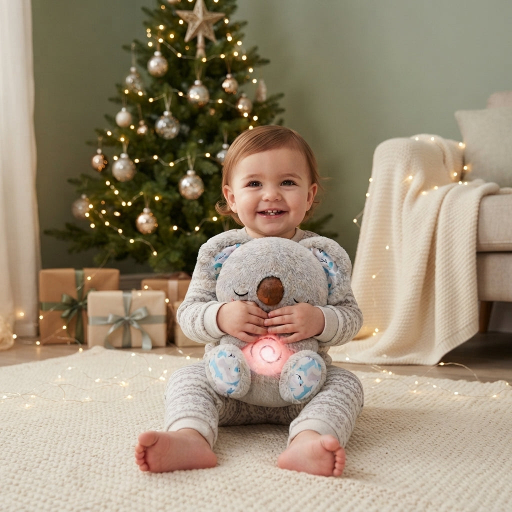 A smiling baby sits on a cream rug in a cozy room, holding a plush koala toy with a glowing pink belly light. A decorated Christmas tree, wrapped gifts, and a soft blanket are visible in the background.
