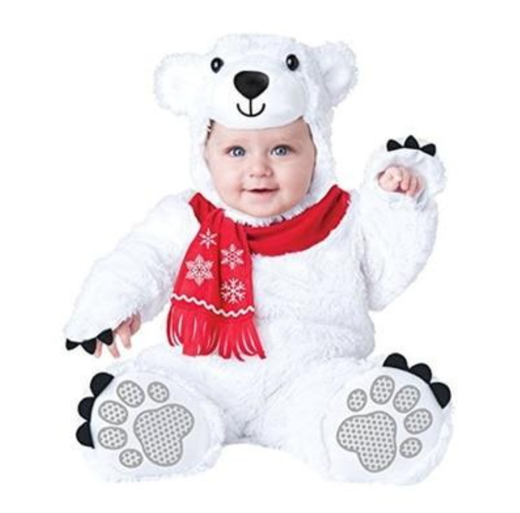 A baby wearing a white plush polar bear costume with a red scarf featuring white snowflakes, black paw pads, and a bear face hood on a plain white background.