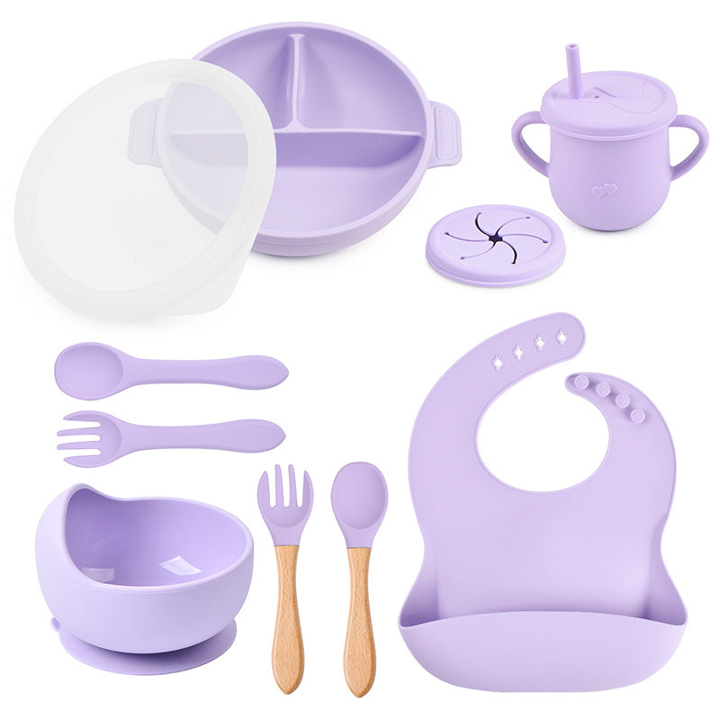 Complete Baby Tableware Set with Food-Grade Silicone and Wooden Handles – Non-Slip Plate, Bowl, Cutlery, and Accessories 0
