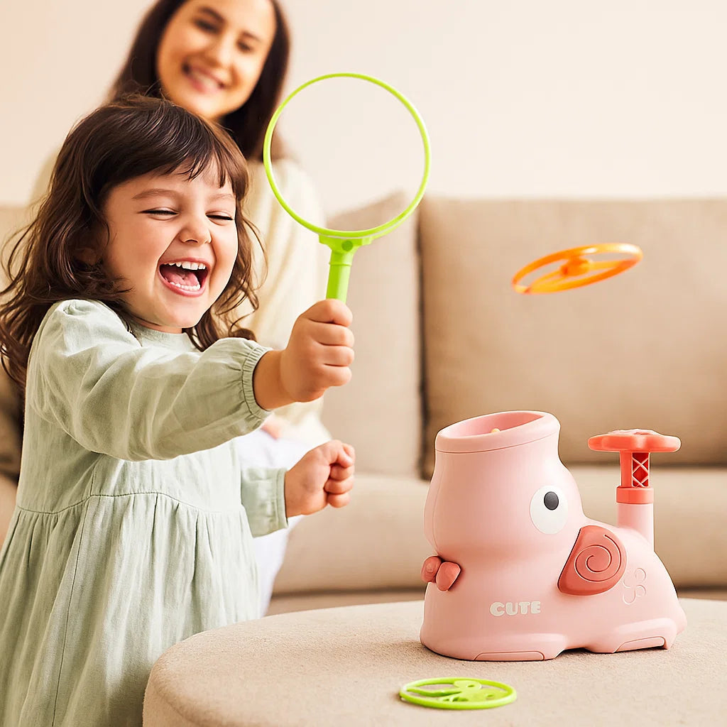 Elephant-Shaped Flying Disc Launcher for Kids – Indoor and Outdoor Fun, Includes Discs, Net, and Safety Glasses, Pink and Green 0