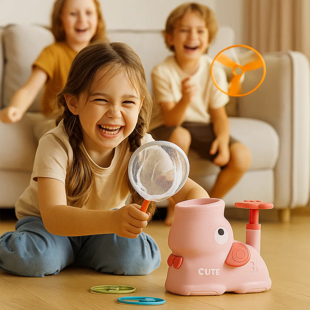 Elephant-Shaped Flying Disc Launcher for Kids – Indoor and Outdoor Fun, Includes Discs, Net, and Safety Glasses, Pink and Green 1