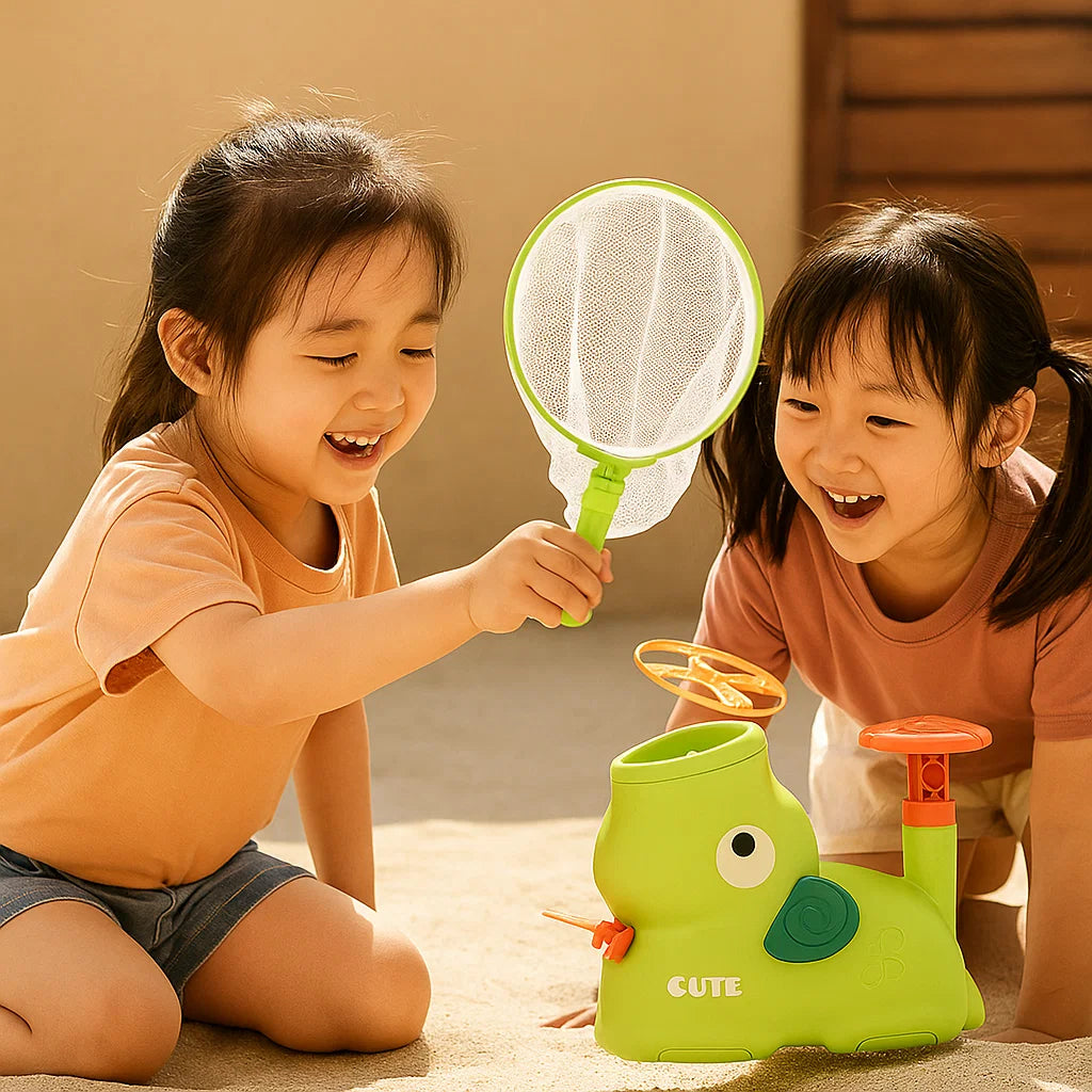 Elephant-Shaped Flying Disc Launcher for Kids – Indoor and Outdoor Fun, Includes Discs, Net, and Safety Glasses, Pink and Green 2