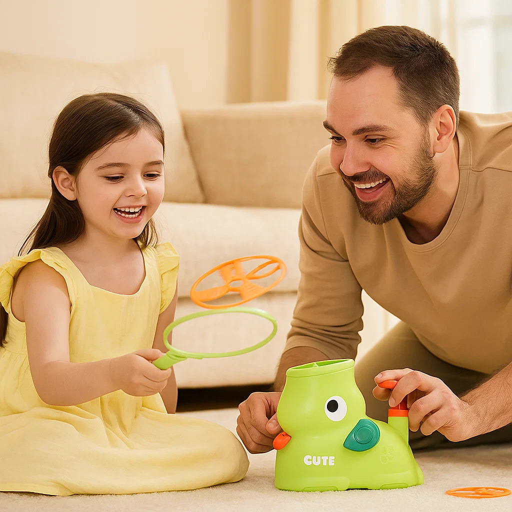 Elephant-Shaped Flying Disc Launcher for Kids – Indoor and Outdoor Fun, Includes Discs, Net, and Safety Glasses, Pink and Green 3