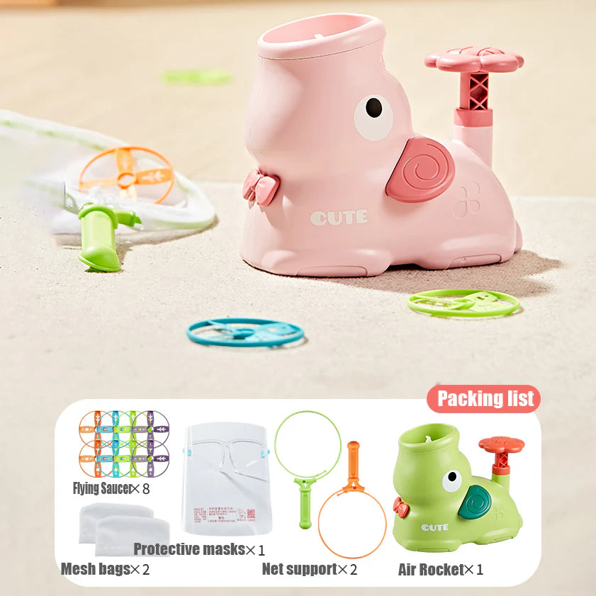 Elephant-Shaped Flying Disc Launcher for Kids – Indoor and Outdoor Fun, Includes Discs, Net, and Safety Glasses, Pink and Green 4