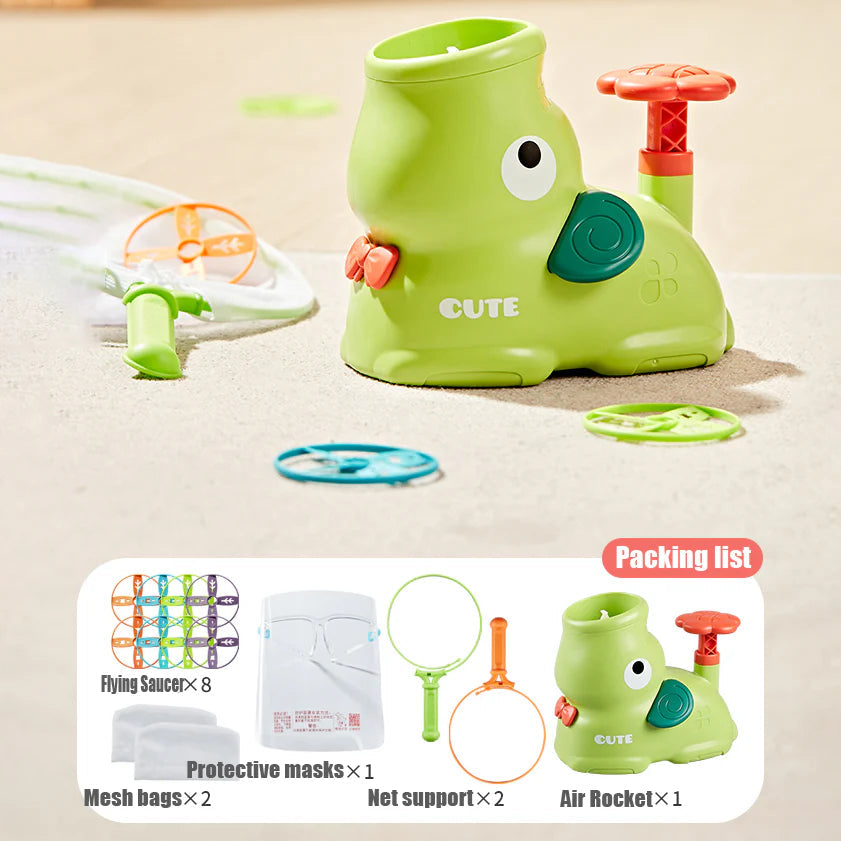 Elephant-Shaped Flying Disc Launcher for Kids – Indoor and Outdoor Fun, Includes Discs, Net, and Safety Glasses, Pink and Green 5