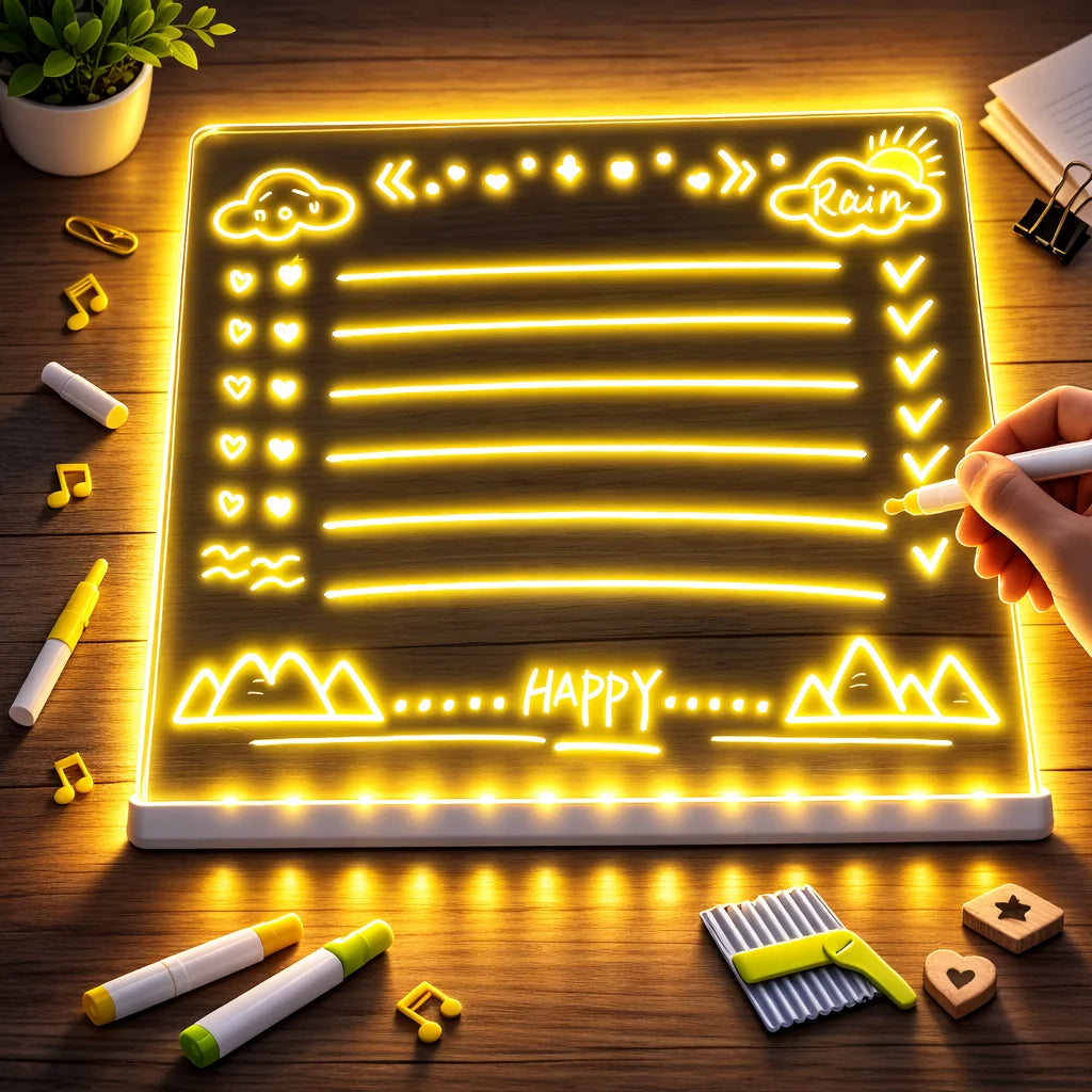 A glowing LED light-up writing board on a wooden desk, with a hand holding a white marker pointing at the illuminated text. The board displays yellow neon-style drawings and words including 'Rain' and 'HAPPY'.