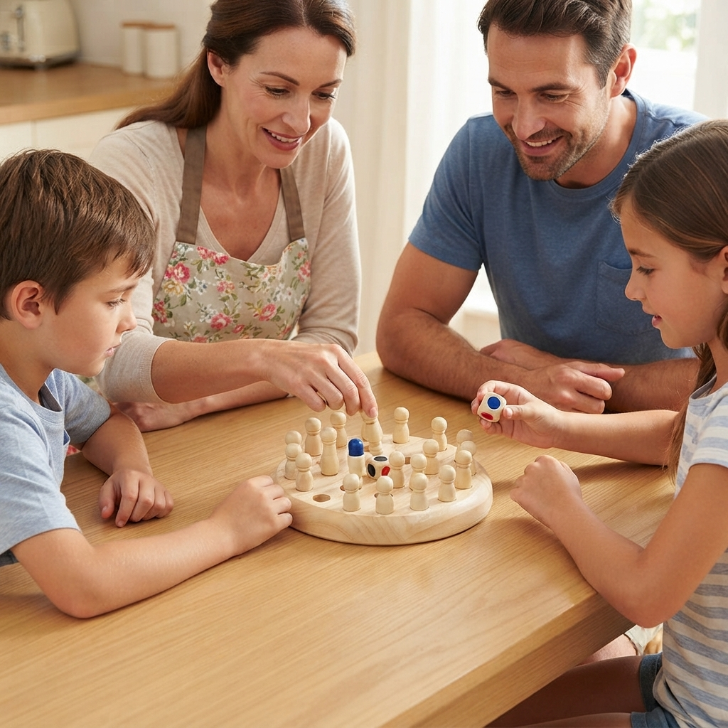 A family of four gathered around a wooden table playing with a wooden peg board toy. The mother, wearing a floral apron, and the father in a blue t-shirt are smiling and watching their children, who are actively engaged in the game.