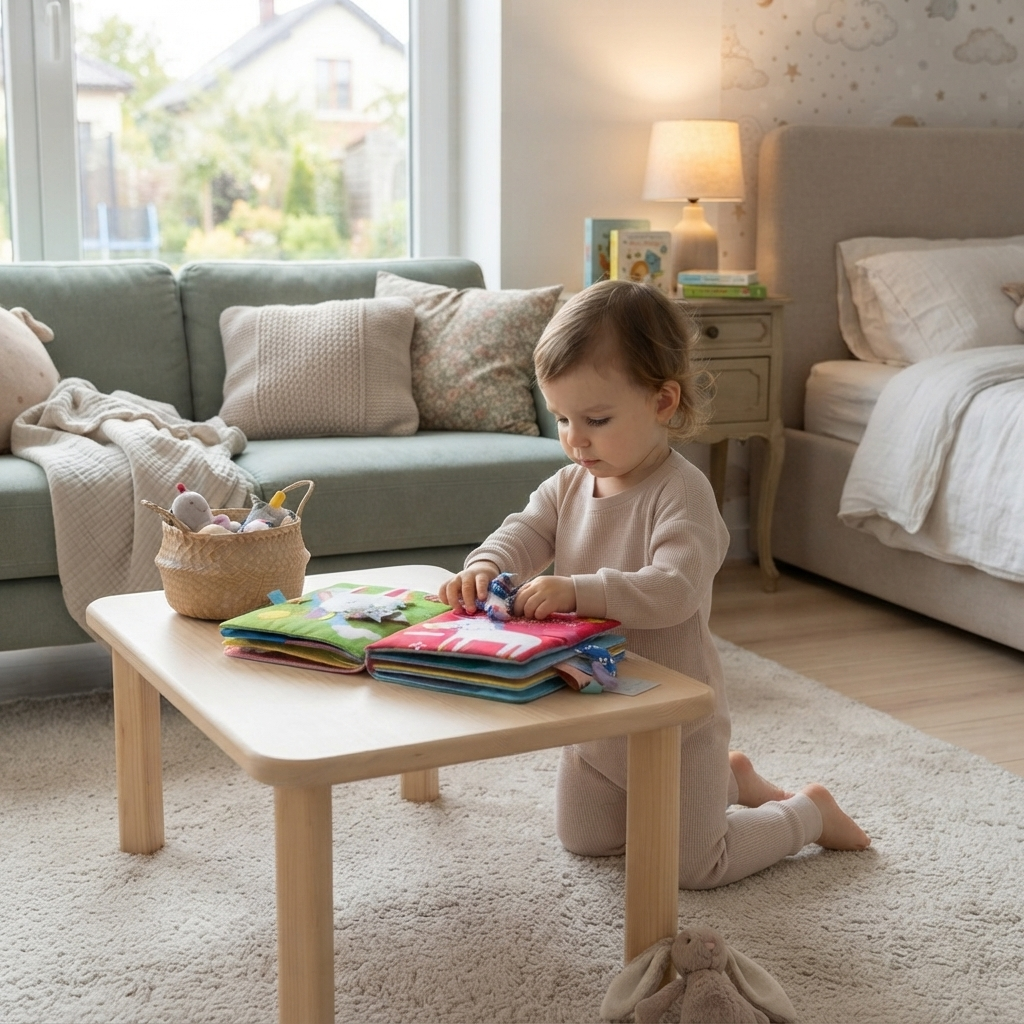 A toddler kneels on a light rug in a cozy bedroom/living area, playing with colorful fabric books on a small wooden table. The room features a green sofa, a bed, and warm ambient lighting.
