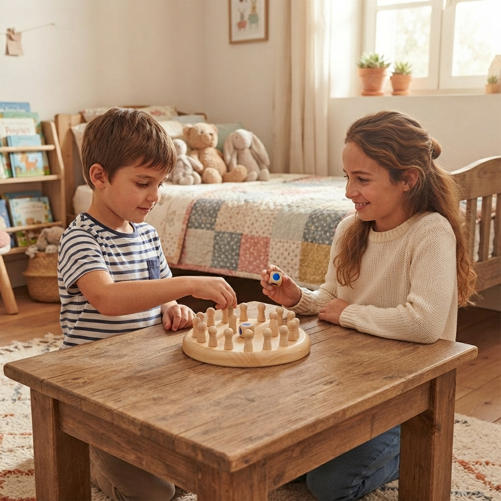 A young boy and girl sitting at a rustic wooden table playing with a wooden peg board game in a warm, cozy child's bedroom.