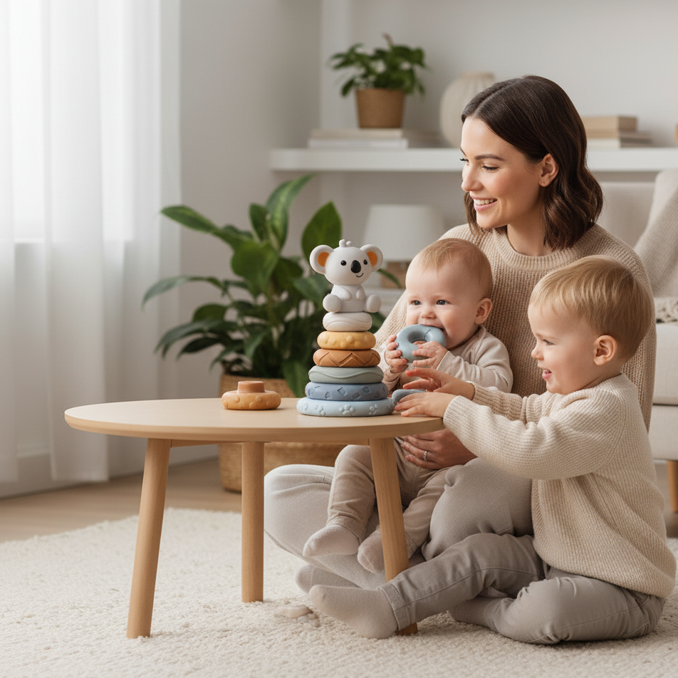 Woman and two children playing with toys on a wooden table in a bright living room.