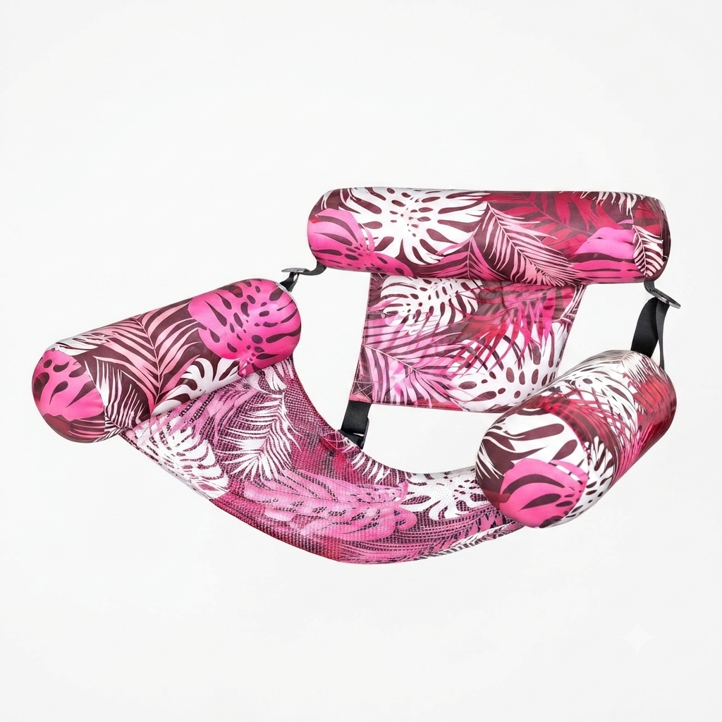 Inflatable pink and white tropical leaf print pool hammock with mesh center and three cushioned supports.