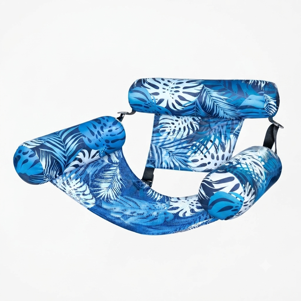 Blue tropical leaf print inflatable pool hammock with breathable mesh and two supportive PVC pillows.