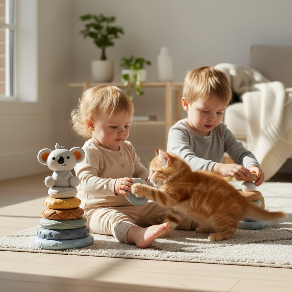 Two children playing with a cat on a rug in a bright living room.