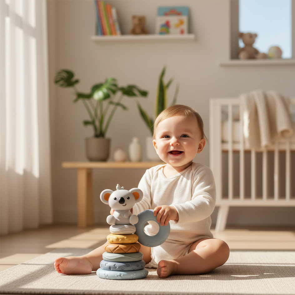 Baby playing with a stack of toys in a bright nursery