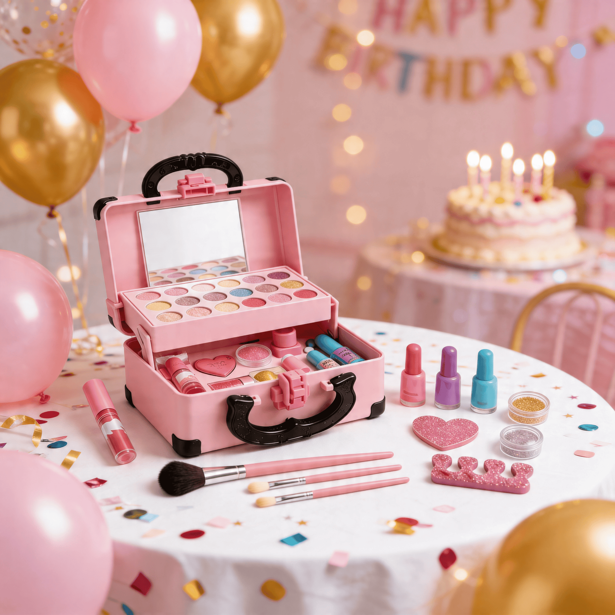 A pink makeup case filled with cosmetics and surrounded by party decorations, including balloons, confetti, a birthday cake, and a 'Happy Birthday' banner, on a white tablecloth.
