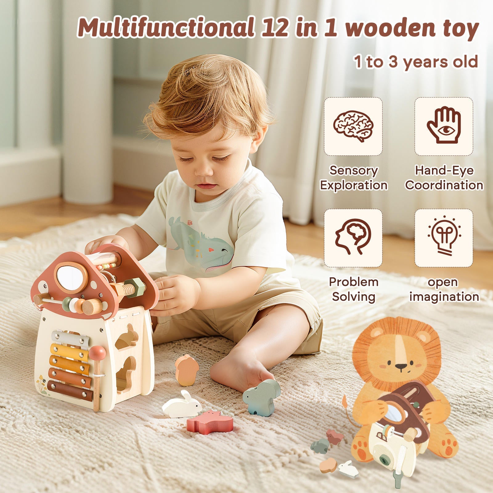 Montessori Busy Box – 12-in-1 Educational Toy for 1 to 3 Year Olds, Wooden Music and Sensory Learning Toy 3