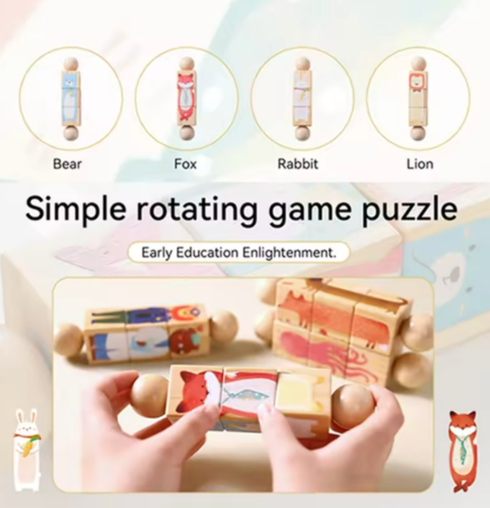 A children's wooden rotating puzzle toy shown in a clean promotional layout. The top row shows four animal figures labeled Bear, Fox, Rabbit, and Lion.