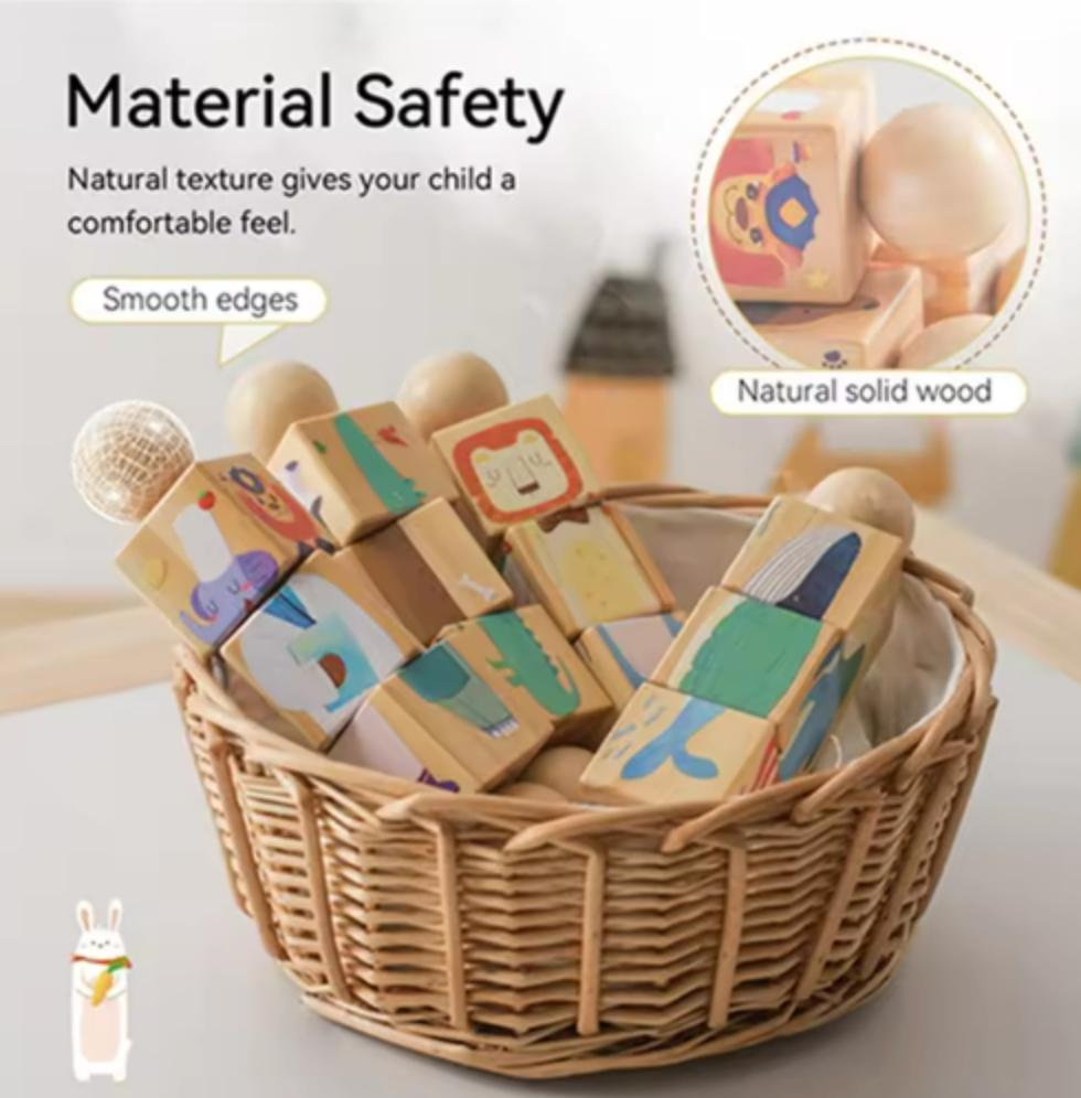 Wooden baby blocks with colorful animal and geometric illustrations arranged in a woven wicker basket. Text on the image highlights material safety, smooth edges, and natural solid wood.