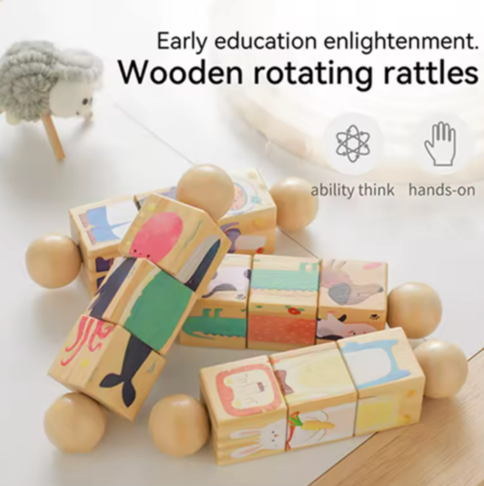 Wooden rotating baby rattle blocks with colorful printed faces and natural wood ball wheels, arranged on a light surface with promotional text and icons above.