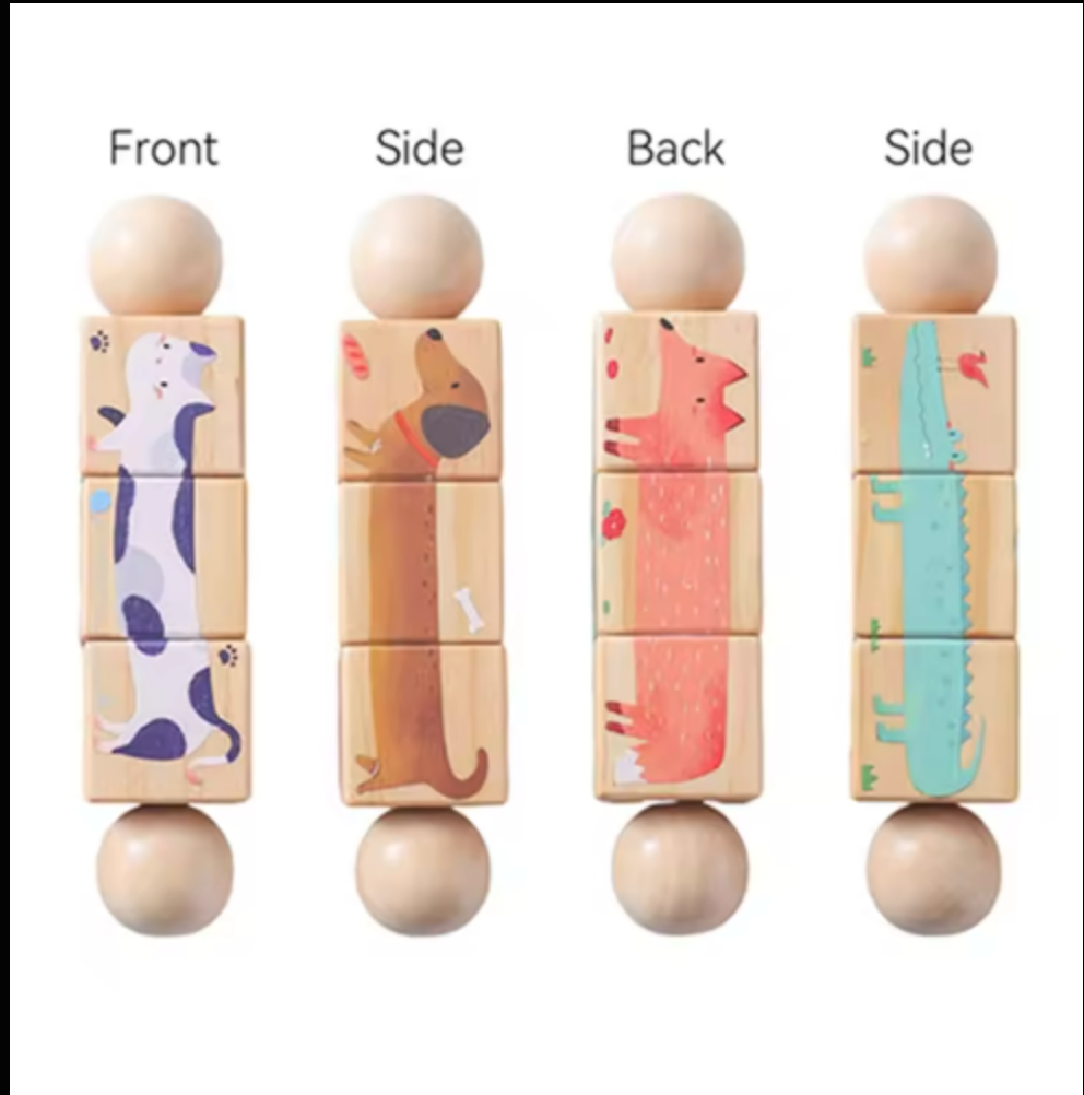 Four wooden balance blocks with animal illustrations shown from front, side, and back views on a white background.