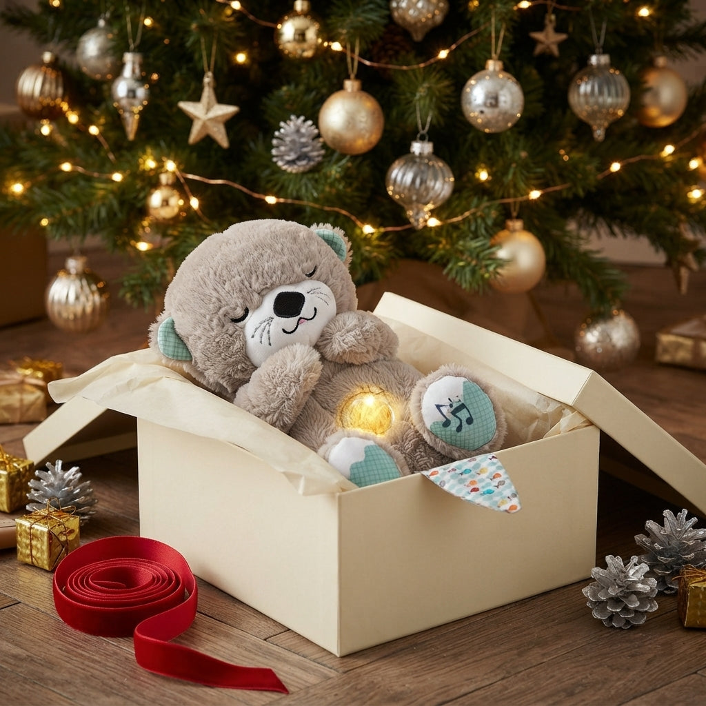 A plush teddy bear toy with a warm light glowing from within, nestled in a cream gift box on a wooden table. The background features a decorated Christmas tree with gold and silver ornaments, pinecones, and warm fairy lights, with a red ribbon in the foreground.