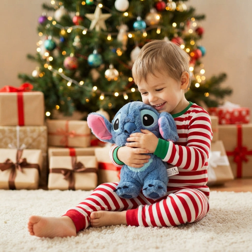 A young child wearing red and white striped pajamas sits on a white rug in front of a decorated Christmas tree, hugging a blue plush toy. Gift boxes are wrapped in beige paper with red and brown ribbons on the floor.