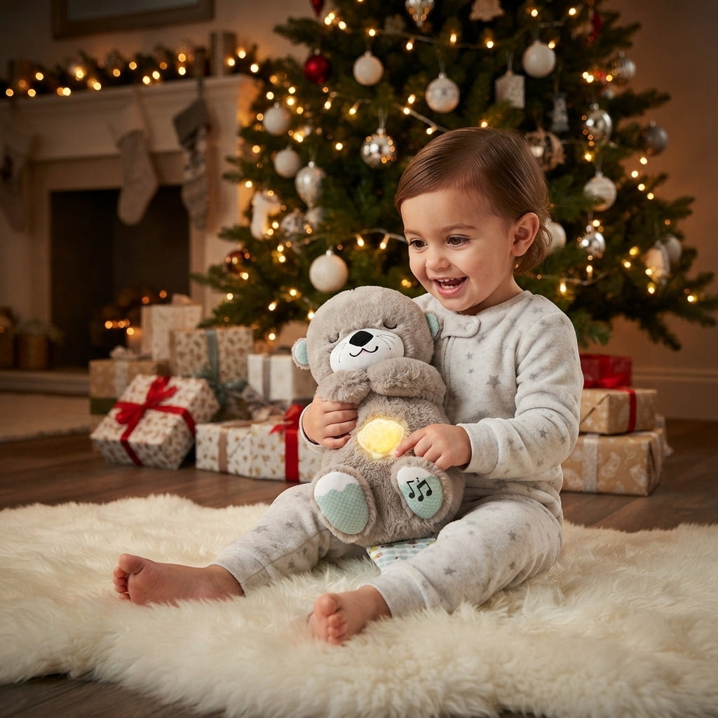 A toddler in light gray patterned pajamas sits on a white faux fur rug in a living room, hugging a plush teddy bear that glows with a warm yellow light. A decorated Christmas tree, fireplace, and wrapped presents are visible in the background.