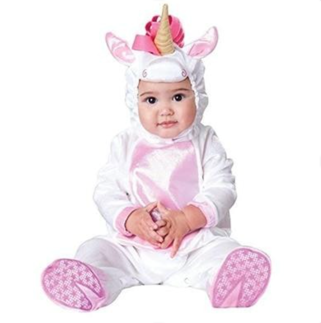 A baby wearing a white and pink unicorn costume with a horn and ears, sitting against a plain white background.