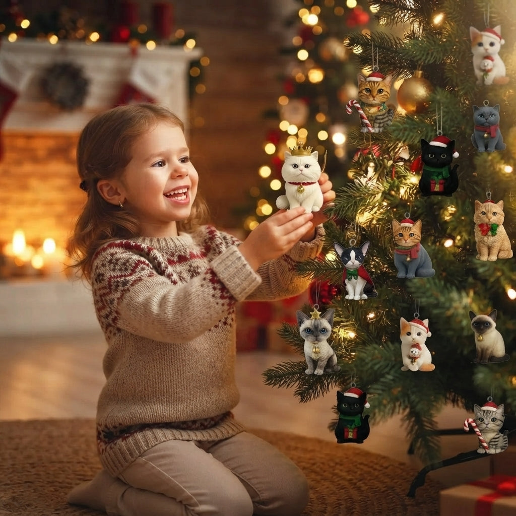 A young girl in a beige knit sweater kneels beside a decorated Christmas tree, smiling as she holds a white cat ornament. The tree is lit with warm fairy lights and decorated with several colorful cat ornaments, with a cozy fireplace in the background.